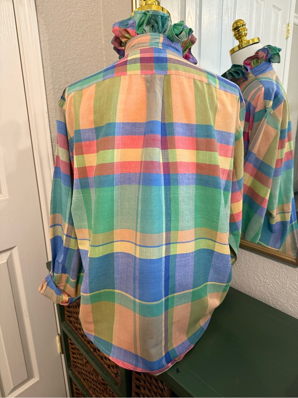 Ralph Lauren Ruffle Collar Pastel Multi-Color Plaid Button-Down Shirt - Picture 6 of 9